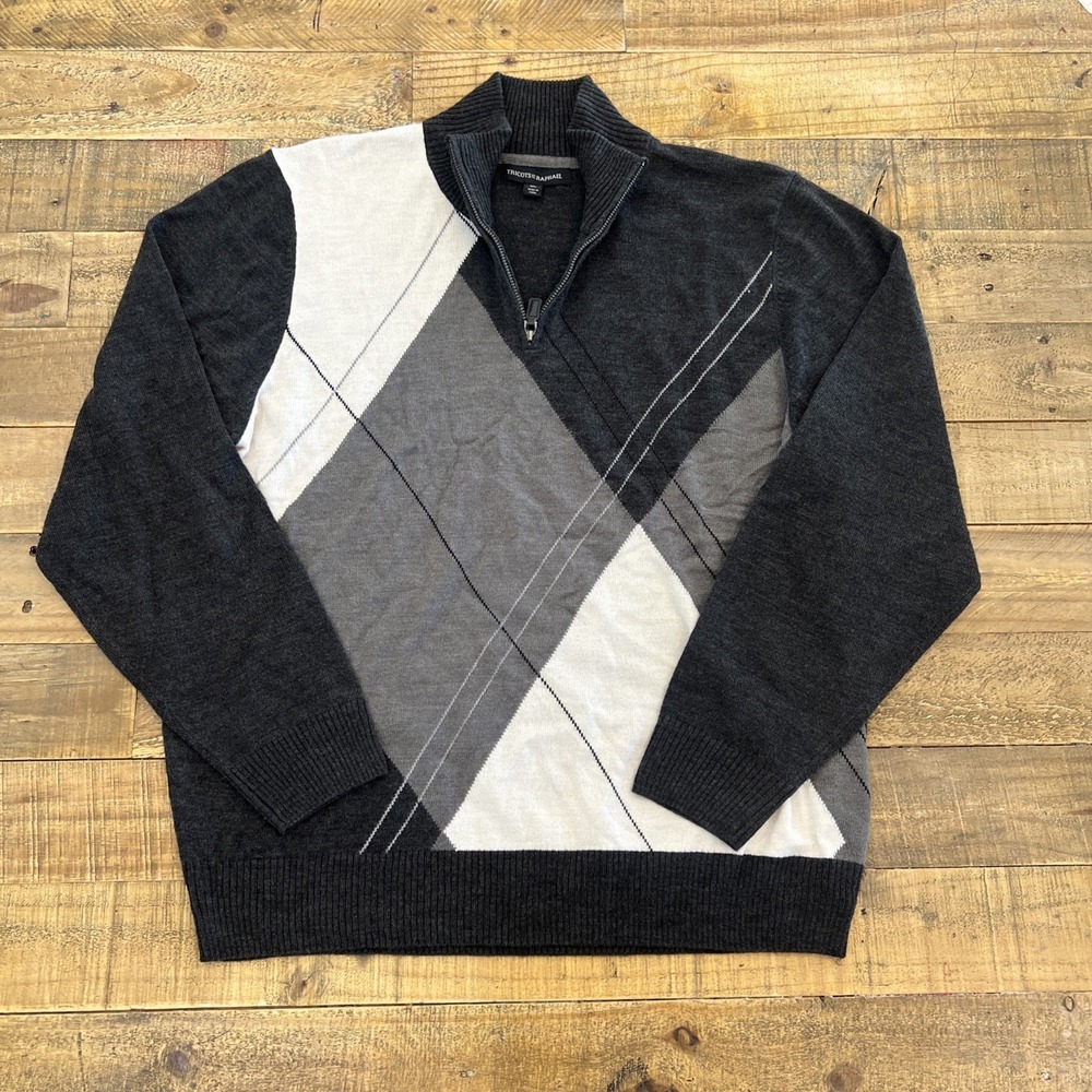 Tricots St Raphael Sweater Mens Sz XL Long Sleeve Pullover 1/4 Zip Gray Argyle